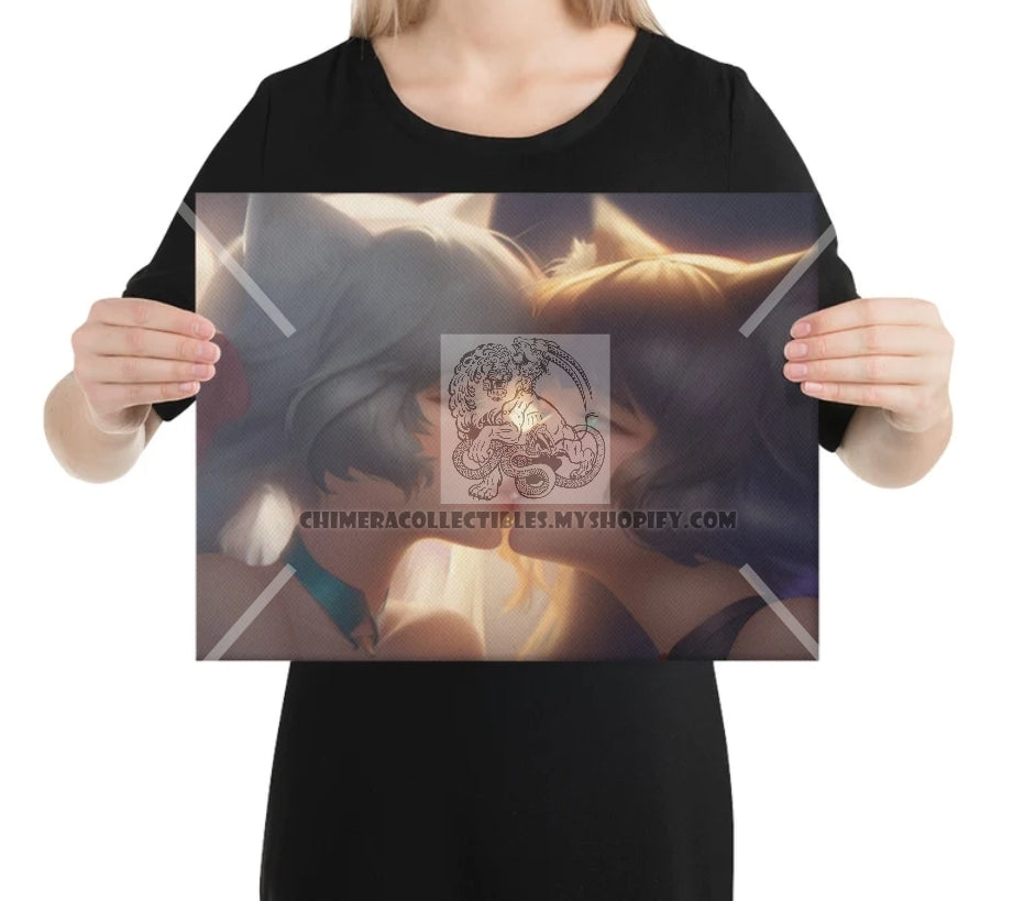 Kitty waifus kissing 12x16 inch Stretched Canvas Art Print