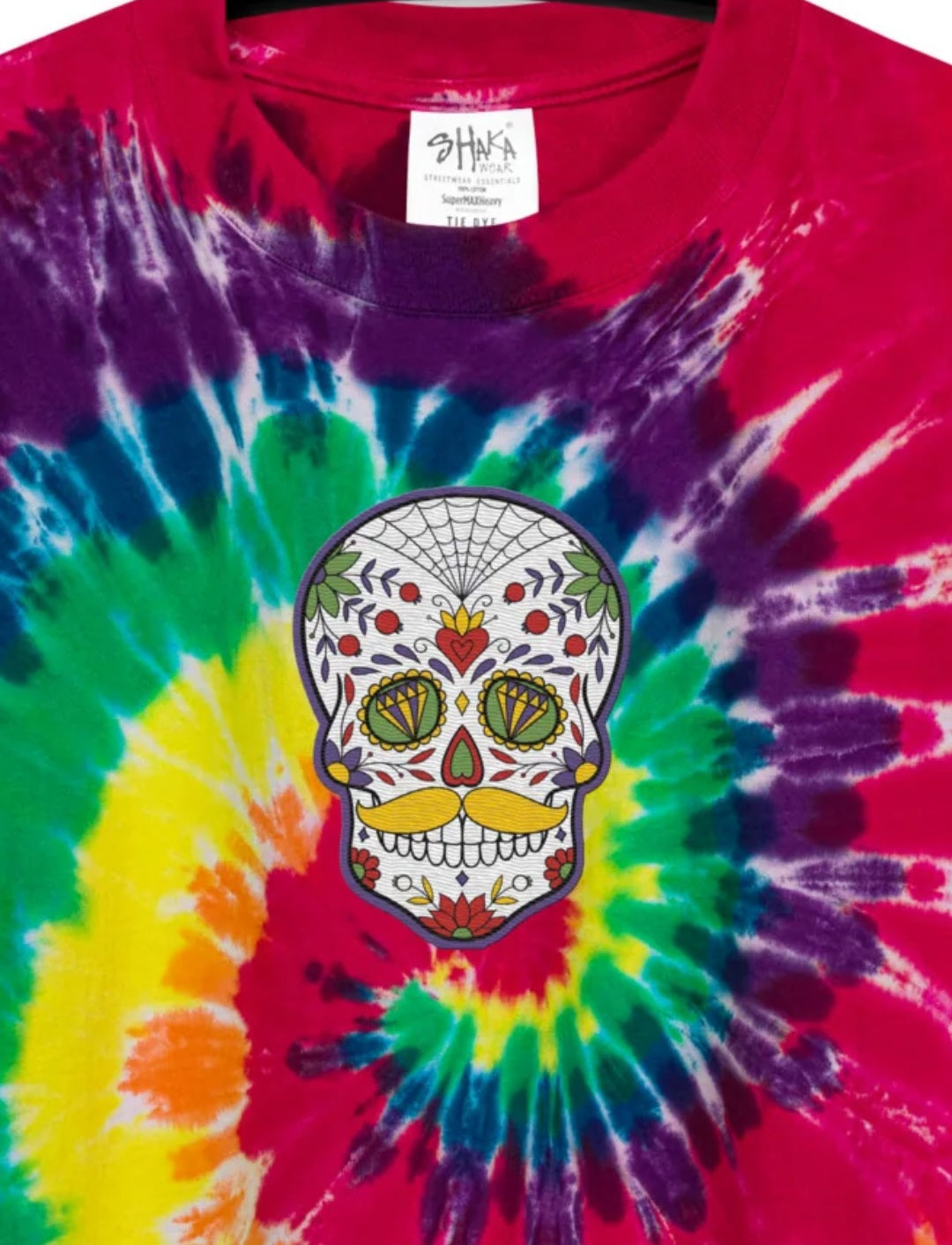 Mustache Sugar Skull Day of the Dead Oversized tie-dye Patch t-shirt
