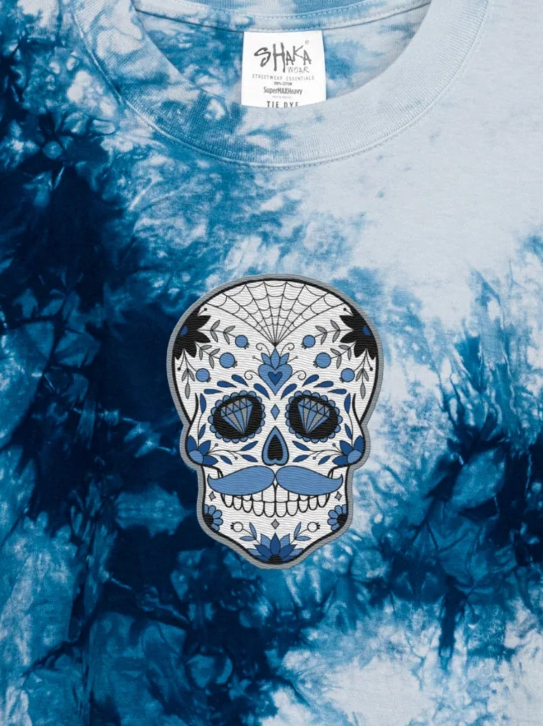 Mustache Sugar skull Embroidered Oversized tie-dye t-shirt