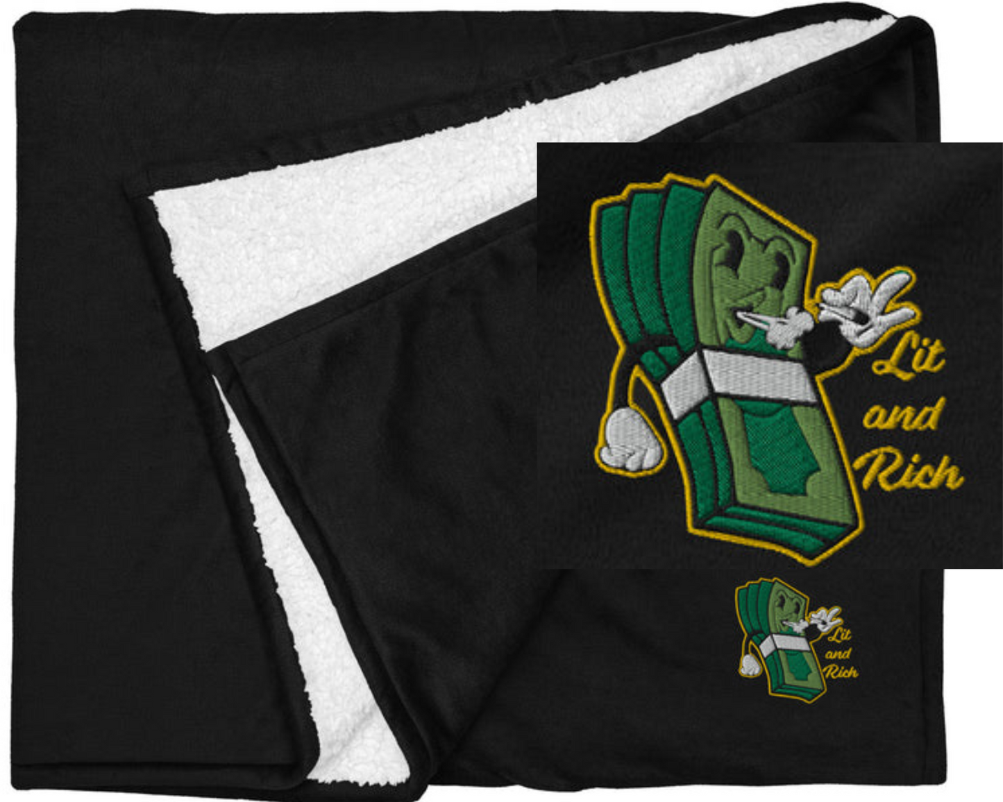 Lit and Rich Cash Smoke Embroidered 50x60 Premium sherpa throw blanket