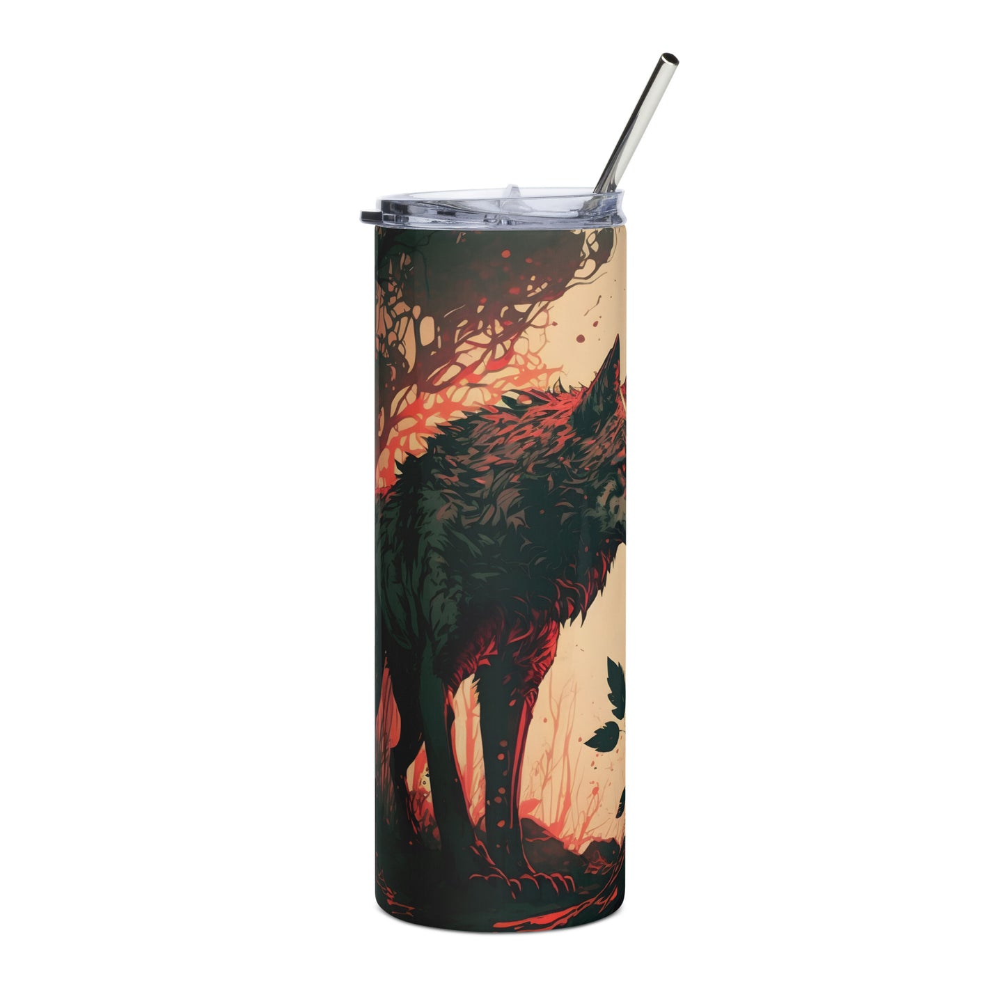 Wolf of the Forest Stainless steel tumbler cup with metal straw