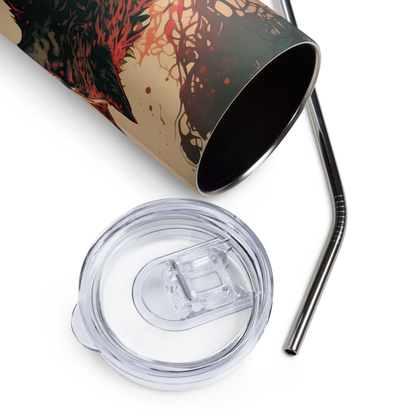 Wolf of the Forest Stainless steel tumbler cup with metal straw