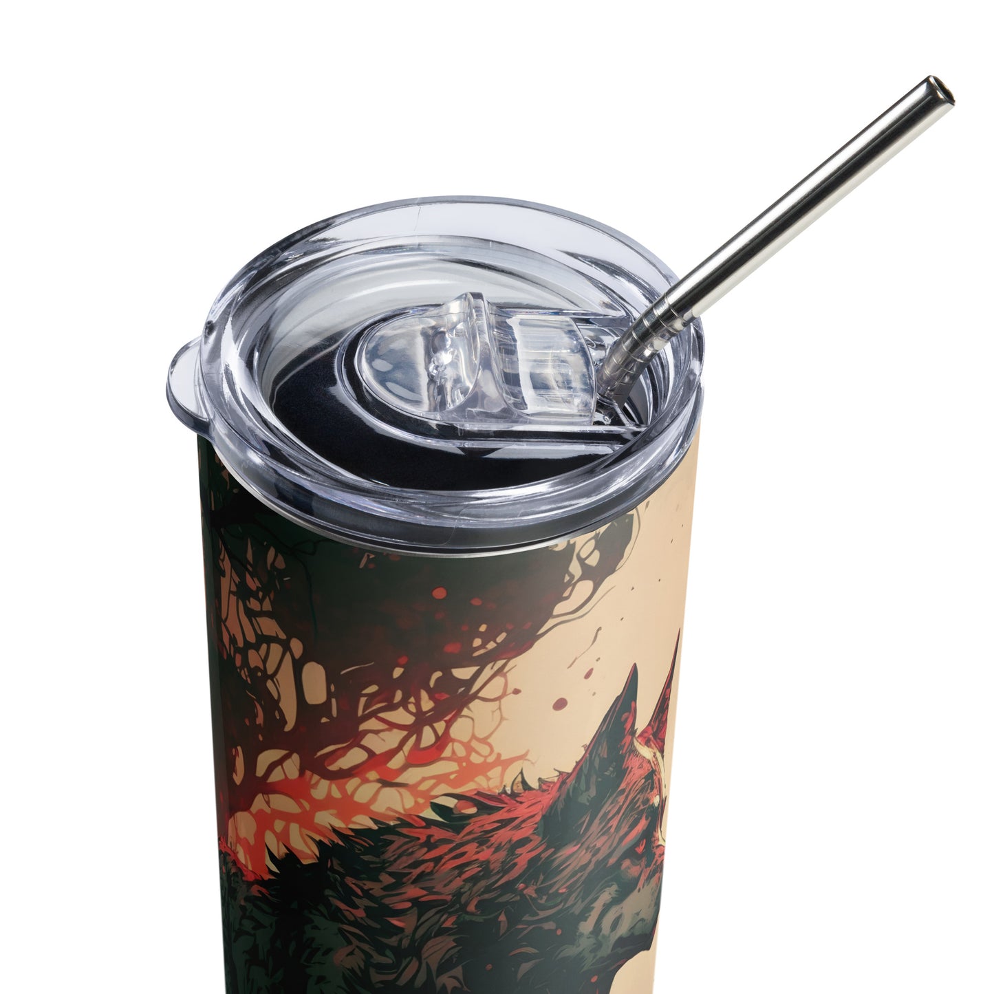 Wolf of the Forest Stainless steel tumbler cup with metal straw