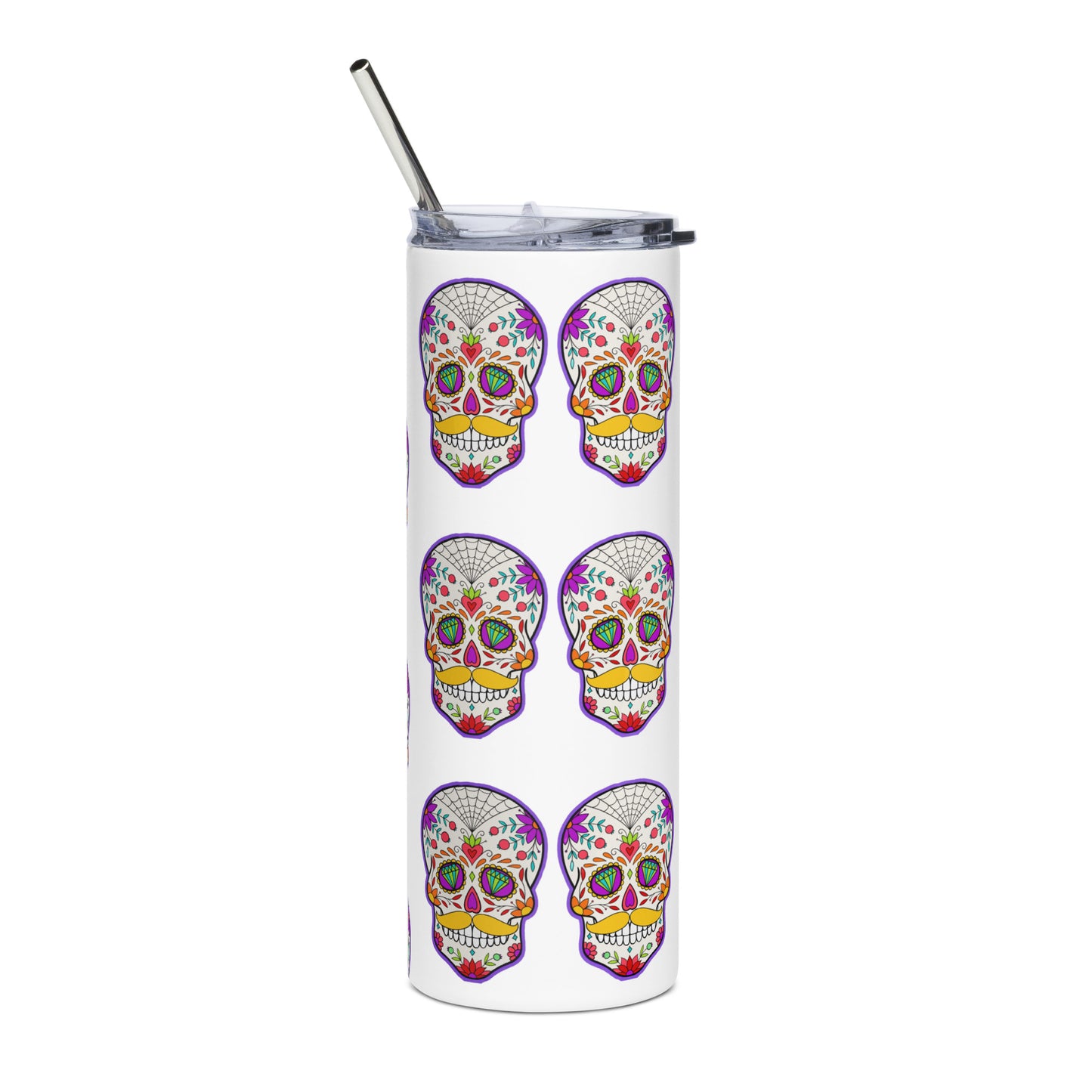 Mustache Sugar Skull Day of the Dead White Stainless steel tumbler cup with metal straw