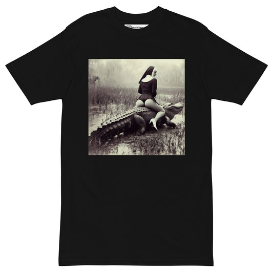 Sexy Nun on an Alligator Men’s premium cotton tee shirt