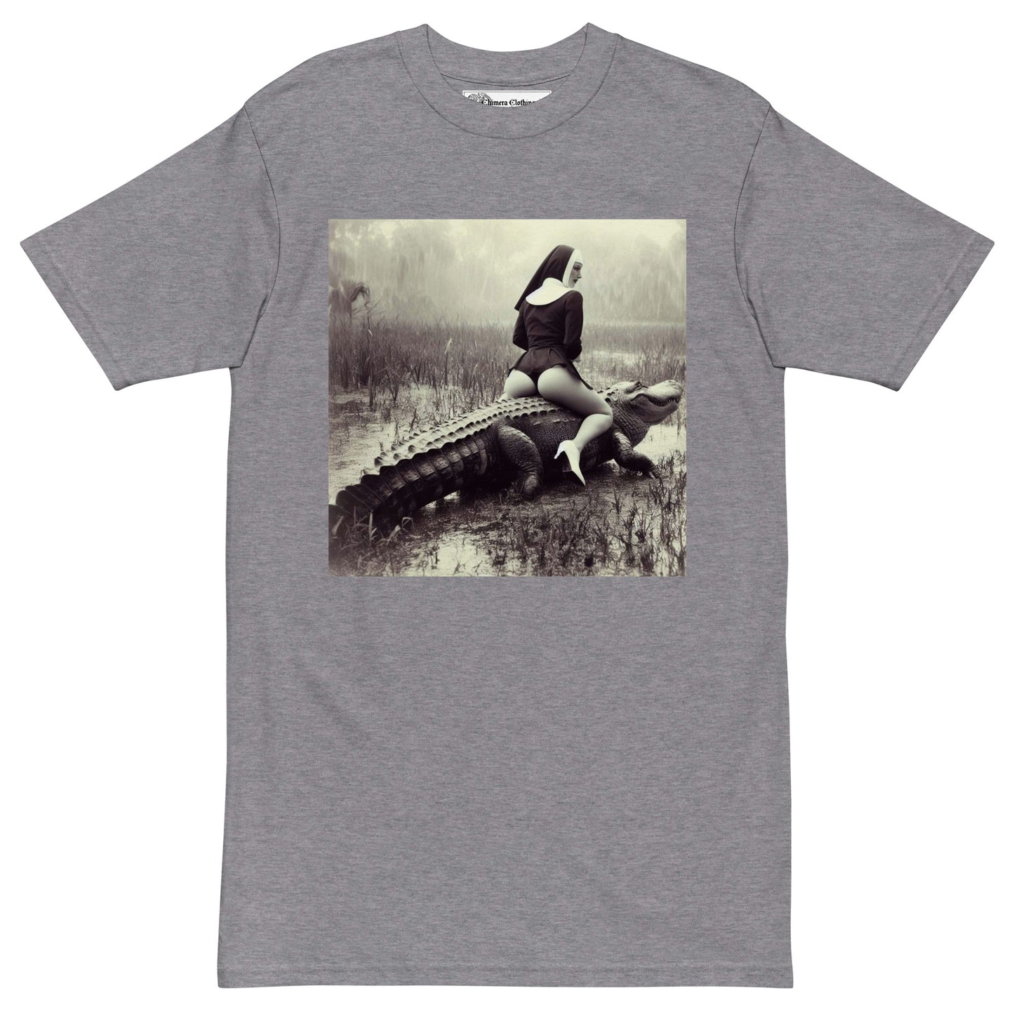 Sexy Nun on an Alligator Men’s premium cotton tee shirt