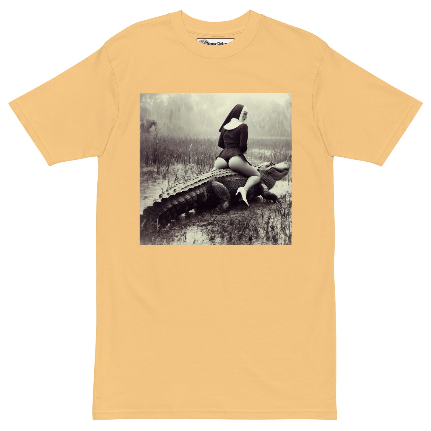 Sexy Nun on an Alligator Men’s premium cotton tee shirt