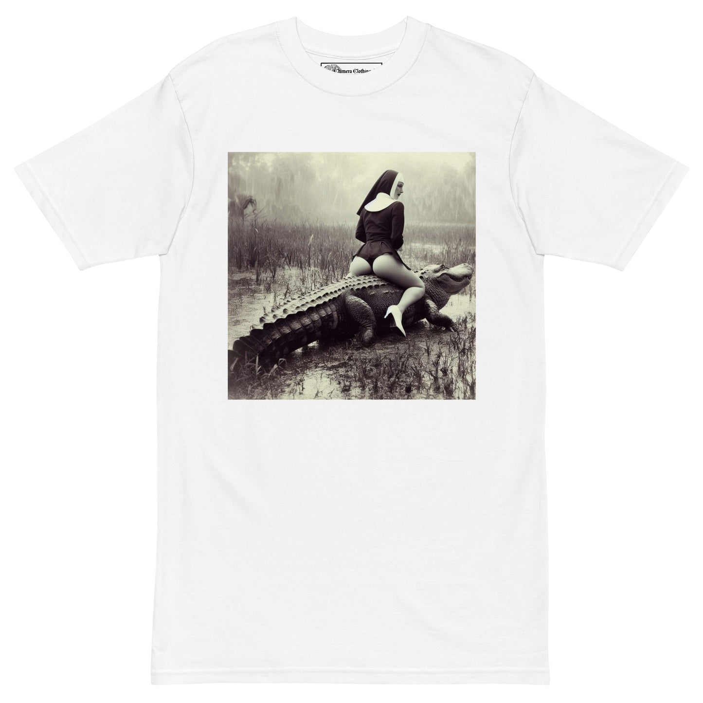 Sexy Nun on an Alligator Men’s premium cotton tee shirt