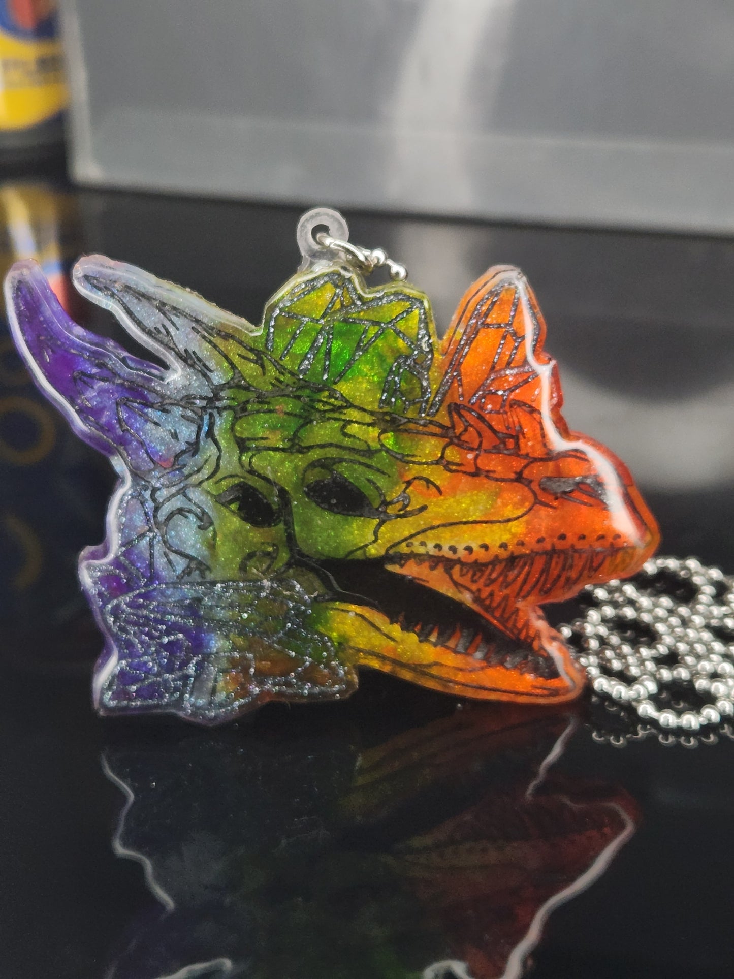 Rainbow Crystal Dragon Skull Pendant Necklace