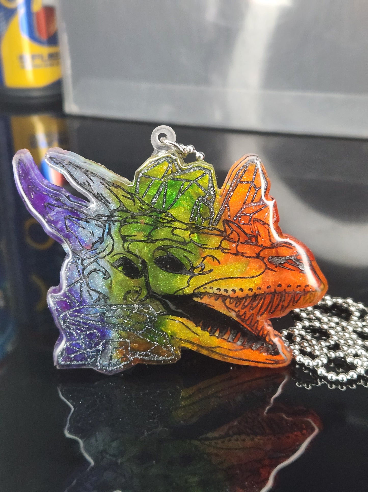 Rainbow Crystal Dragon Skull Pendant Necklace