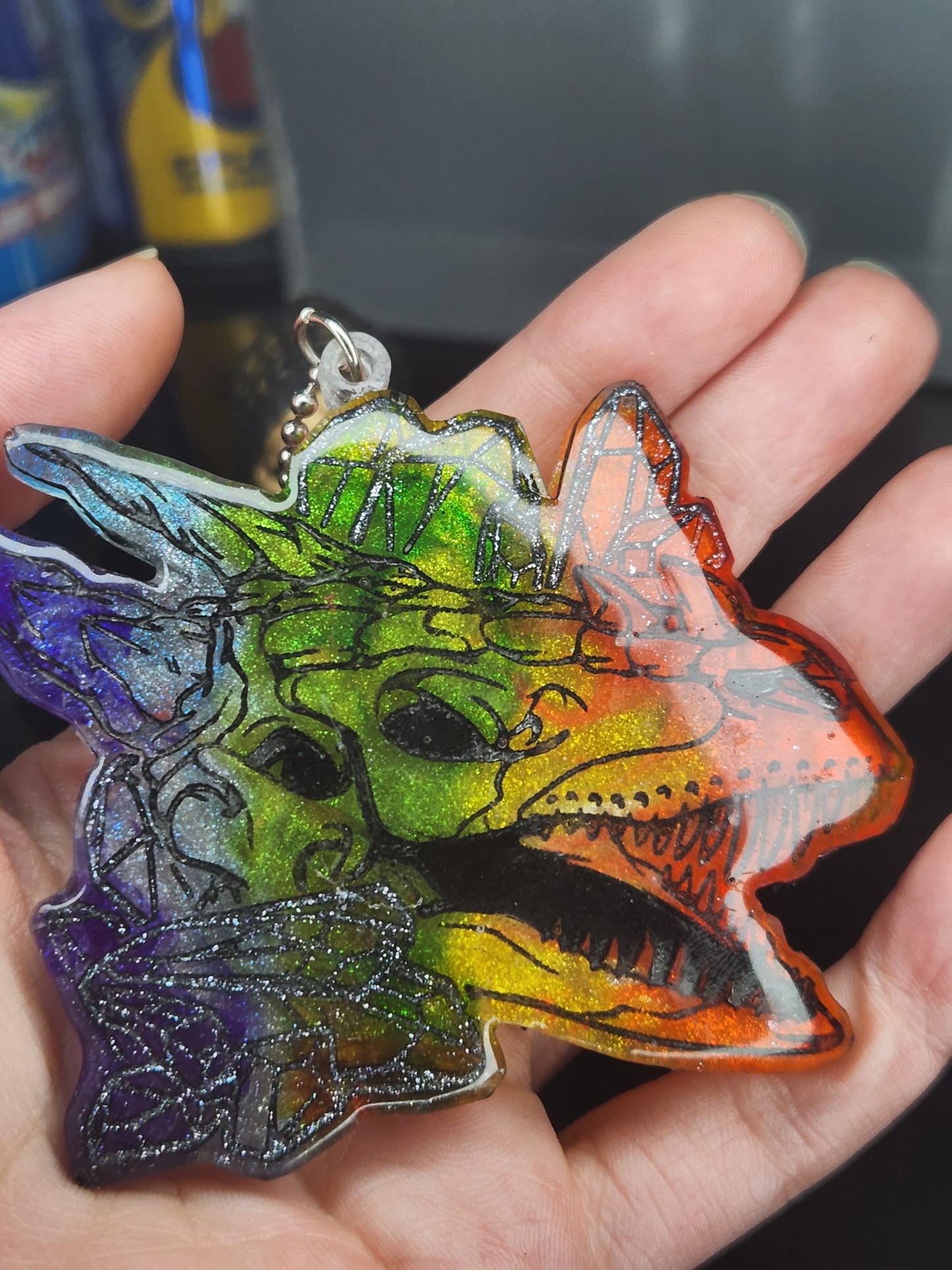 Rainbow Crystal Dragon Skull Pendant Necklace