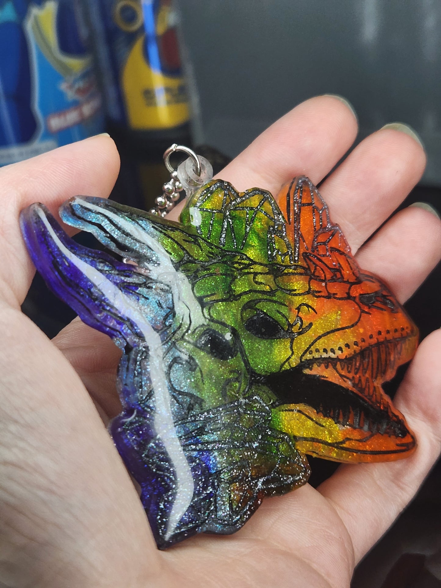 Rainbow Crystal Dragon Skull Pendant Necklace