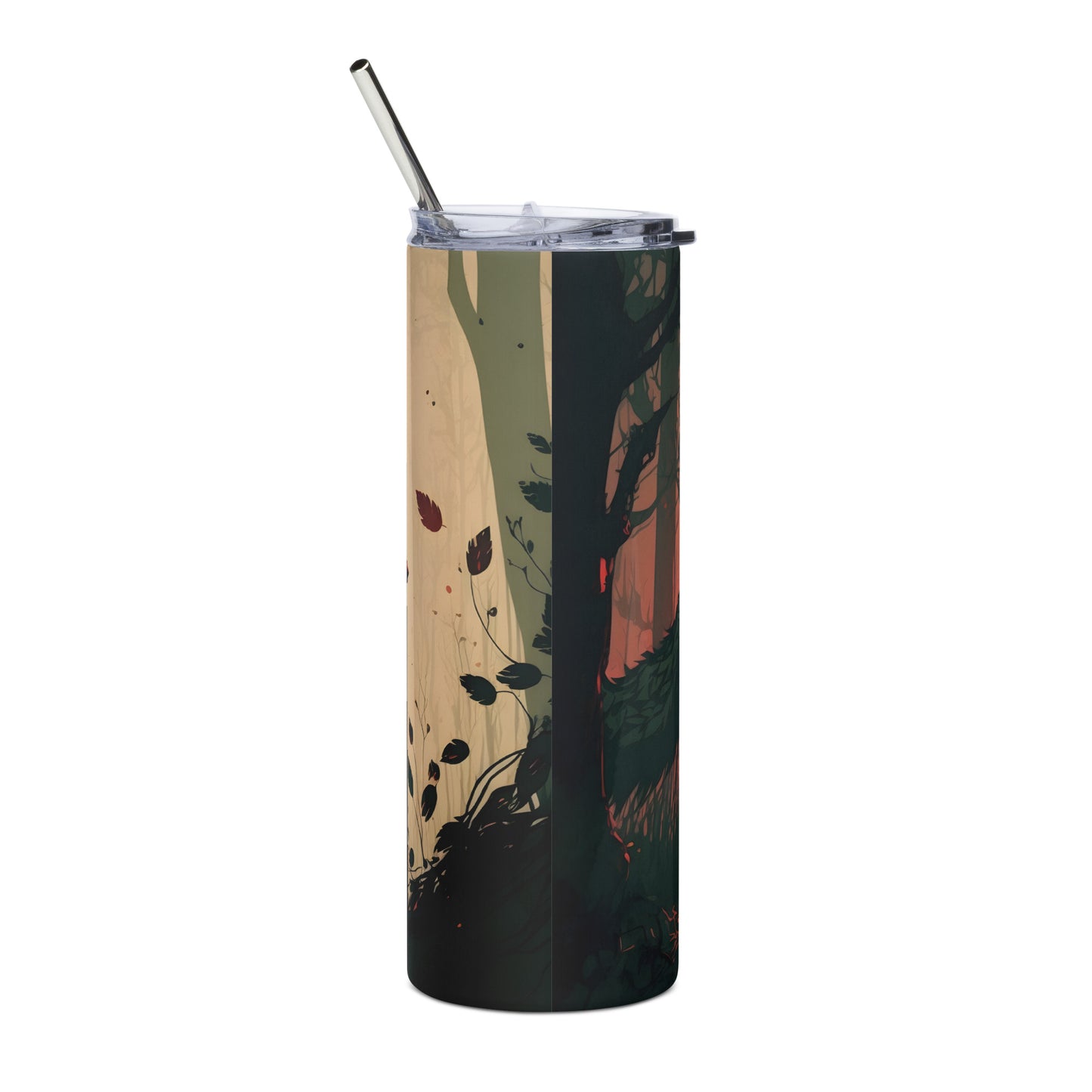 Wolf of the Forest Stainless steel tumbler cup with metal straw