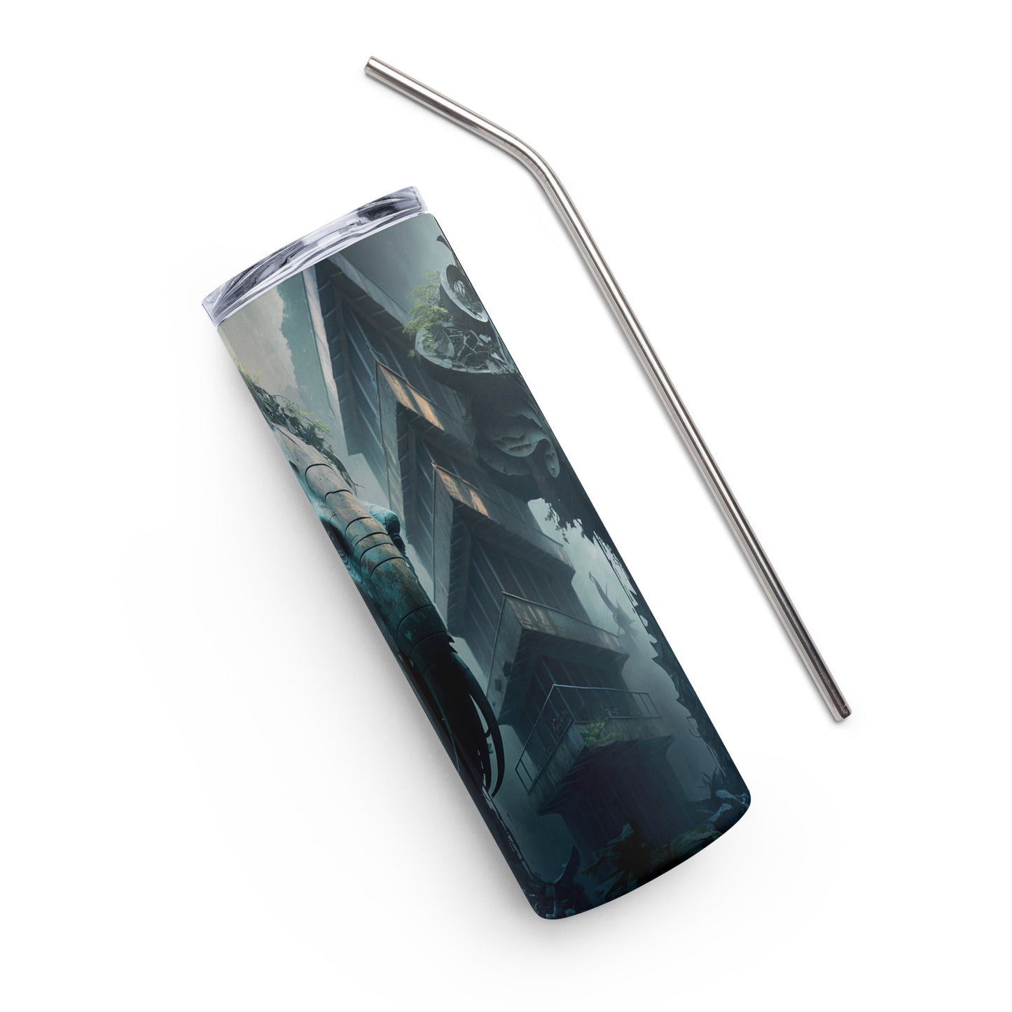 Apocalyptic Elephant City Stainless steel tumbler cup with metal straw