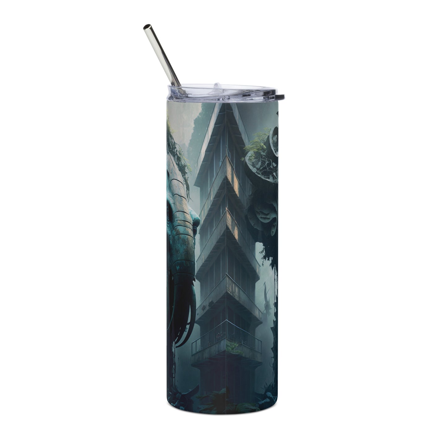 Apocalyptic Elephant City Stainless steel tumbler cup with metal straw