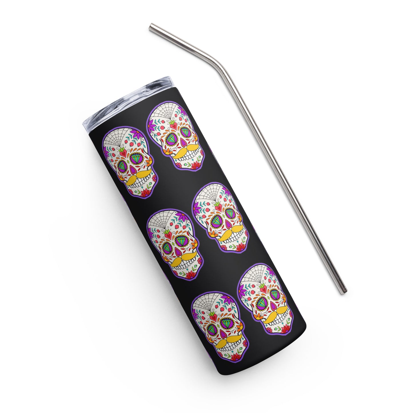 Mustache Sugar Skull Day of the Dead Black Stainless steel tumbler cup with metal straw