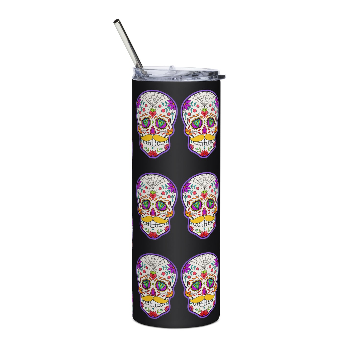 Mustache Sugar Skull Day of the Dead Black Stainless steel tumbler cup with metal straw