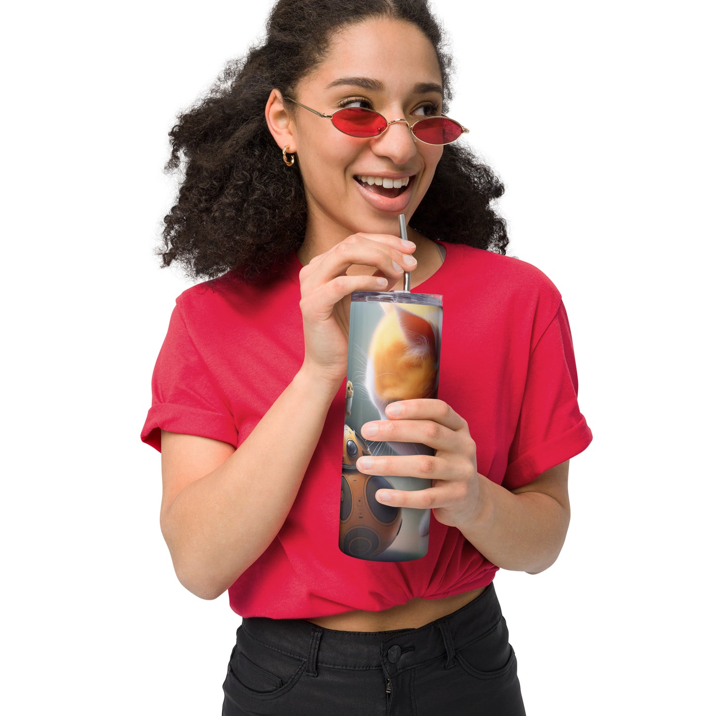 A Kitten and his Droid Stainless steel tumbler cup with metal straw star wars