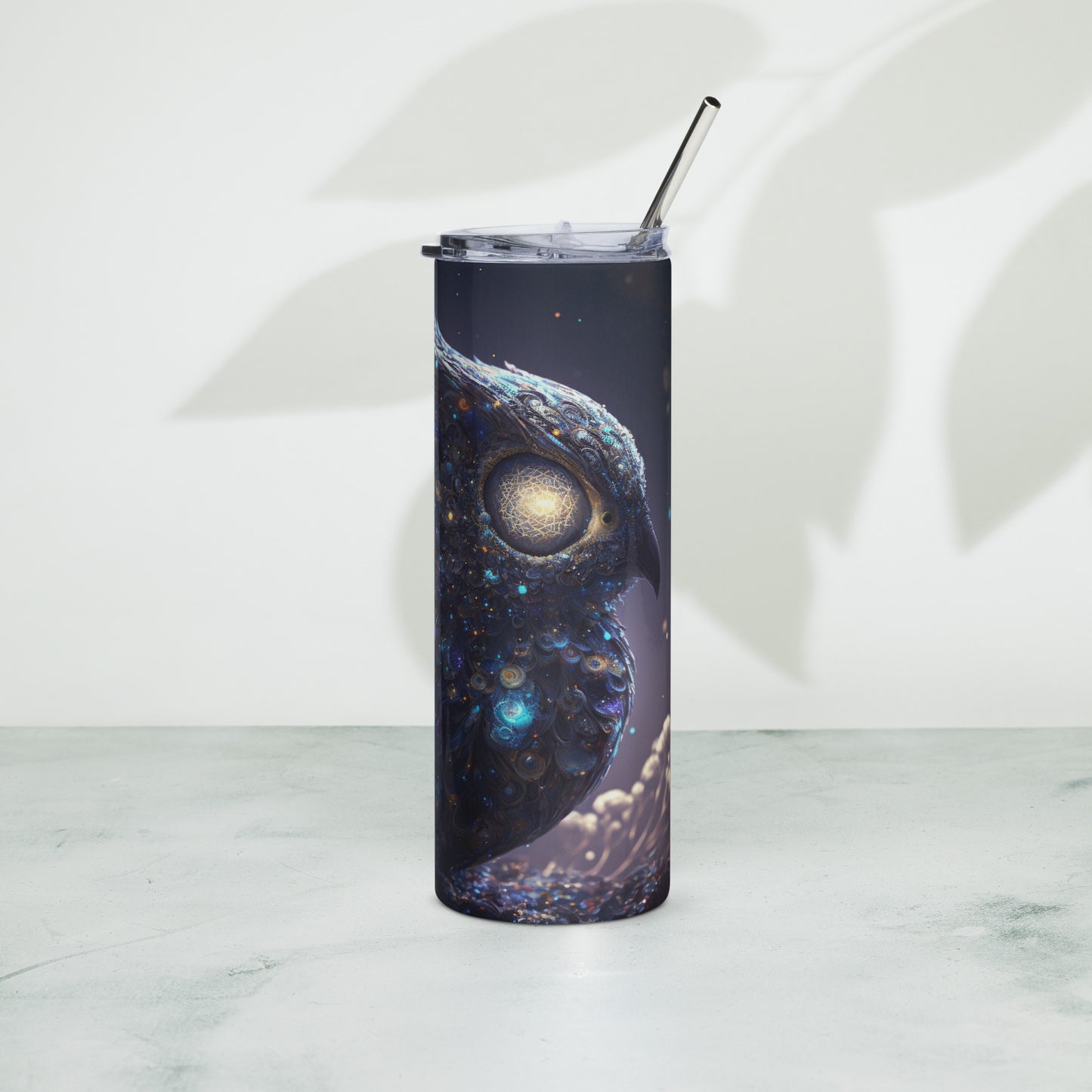 Celestial Owl Stainless steel tumbler cup with metal straw