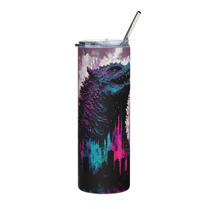 Spraypaint Godzilla Inspired Stainless steel tumbler cup with metal straw