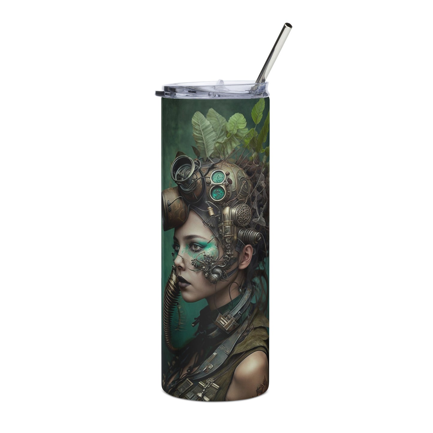 Steampunk Nature Woman Stainless steel tumbler cup with metal straw