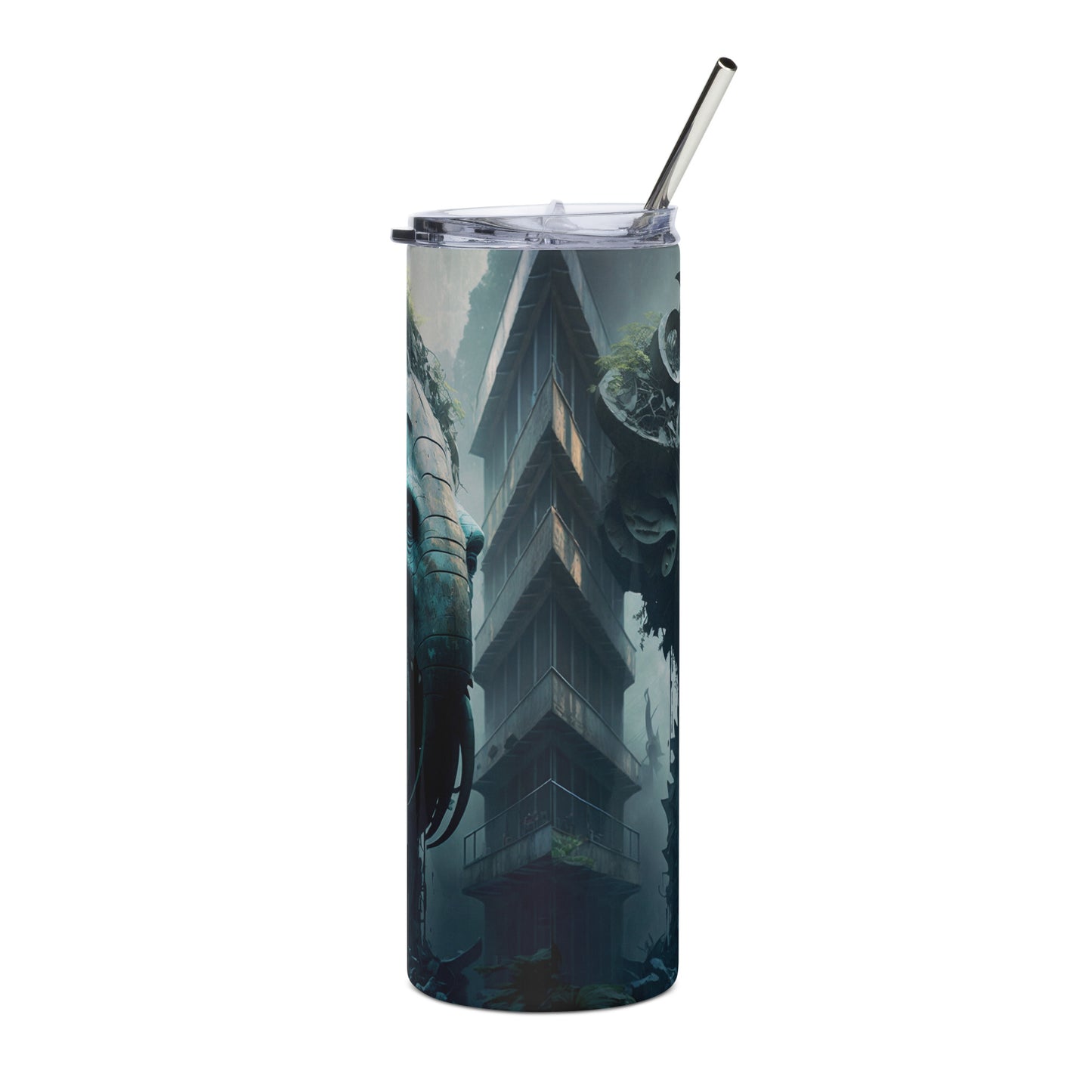 Apocalyptic Elephant City Stainless steel tumbler cup with metal straw