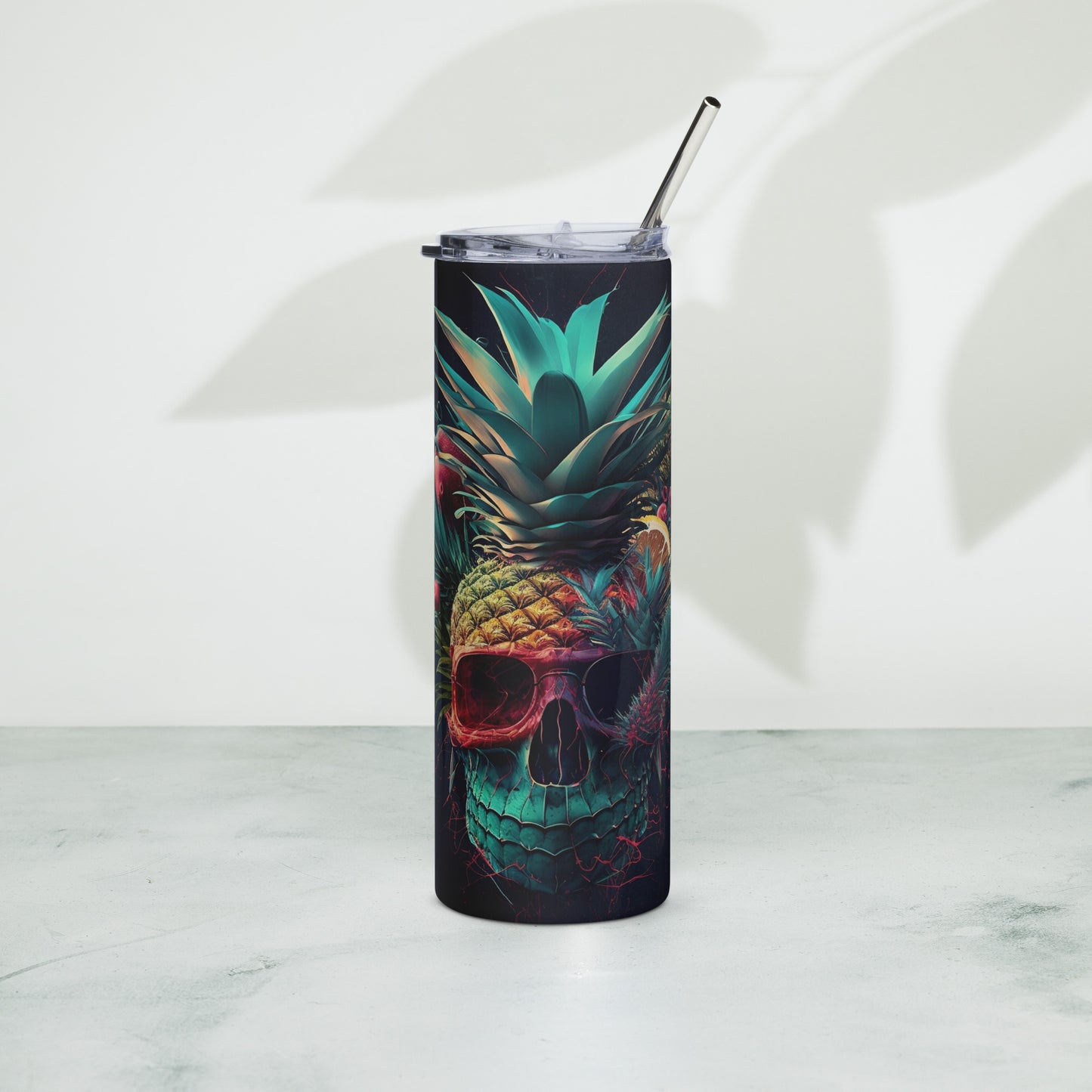 Punk Pineapple Skull Stainless steel tumbler cup with metal straw