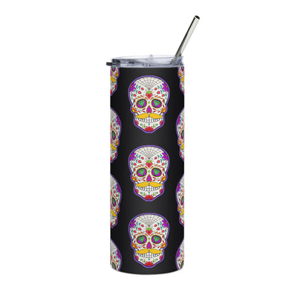 Mustache Sugar Skull Day of the Dead Black Stainless steel tumbler cup with metal straw