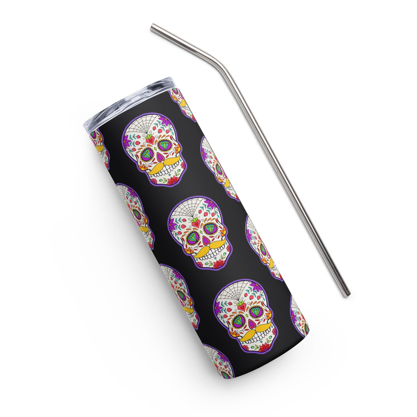 Mustache Sugar Skull Day of the Dead Black Stainless steel tumbler cup with metal straw