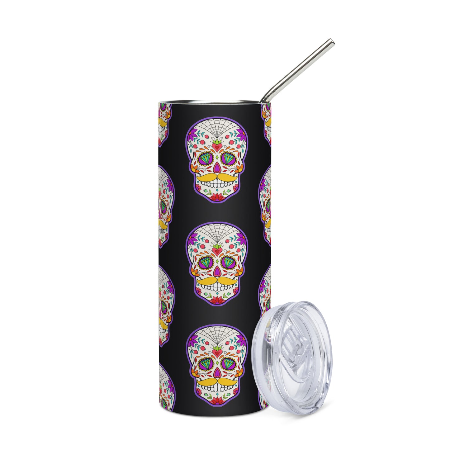 Mustache Sugar Skull Day of the Dead Black Stainless steel tumbler cup with metal straw