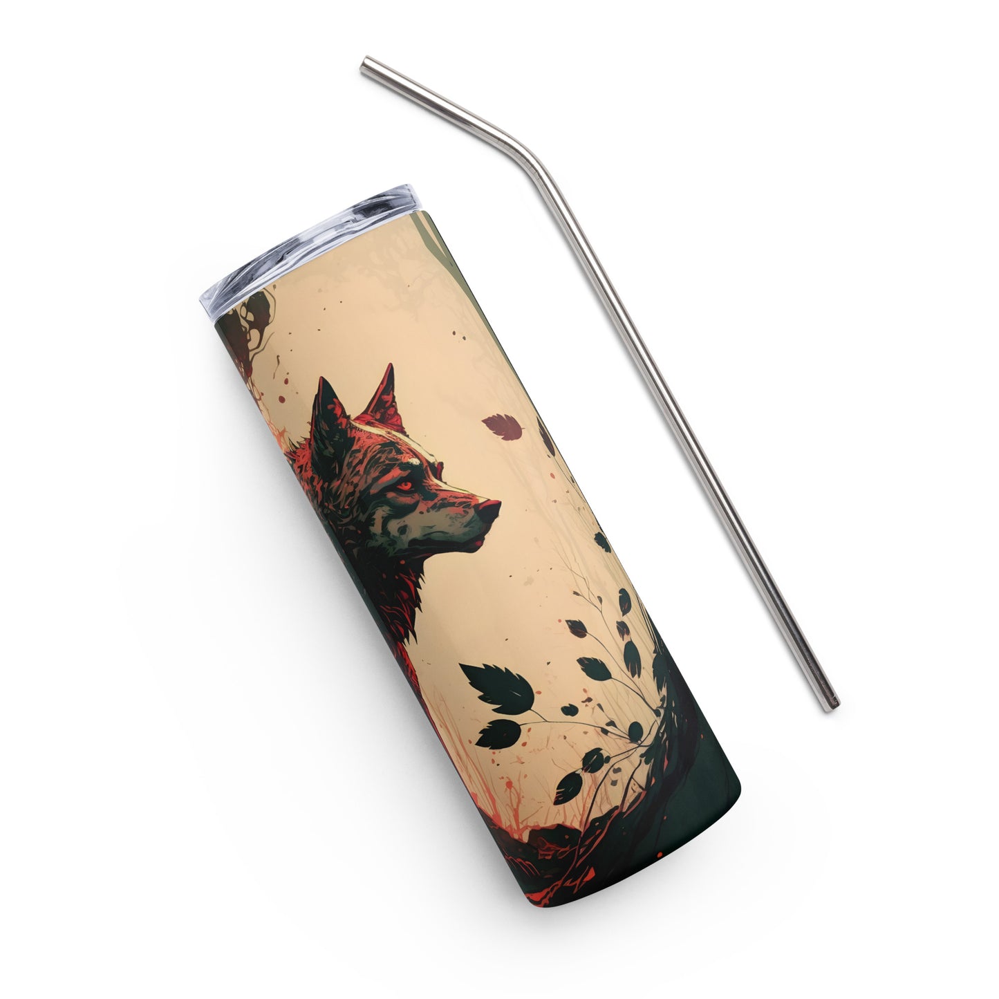 Wolf of the Forest Stainless steel tumbler cup with metal straw