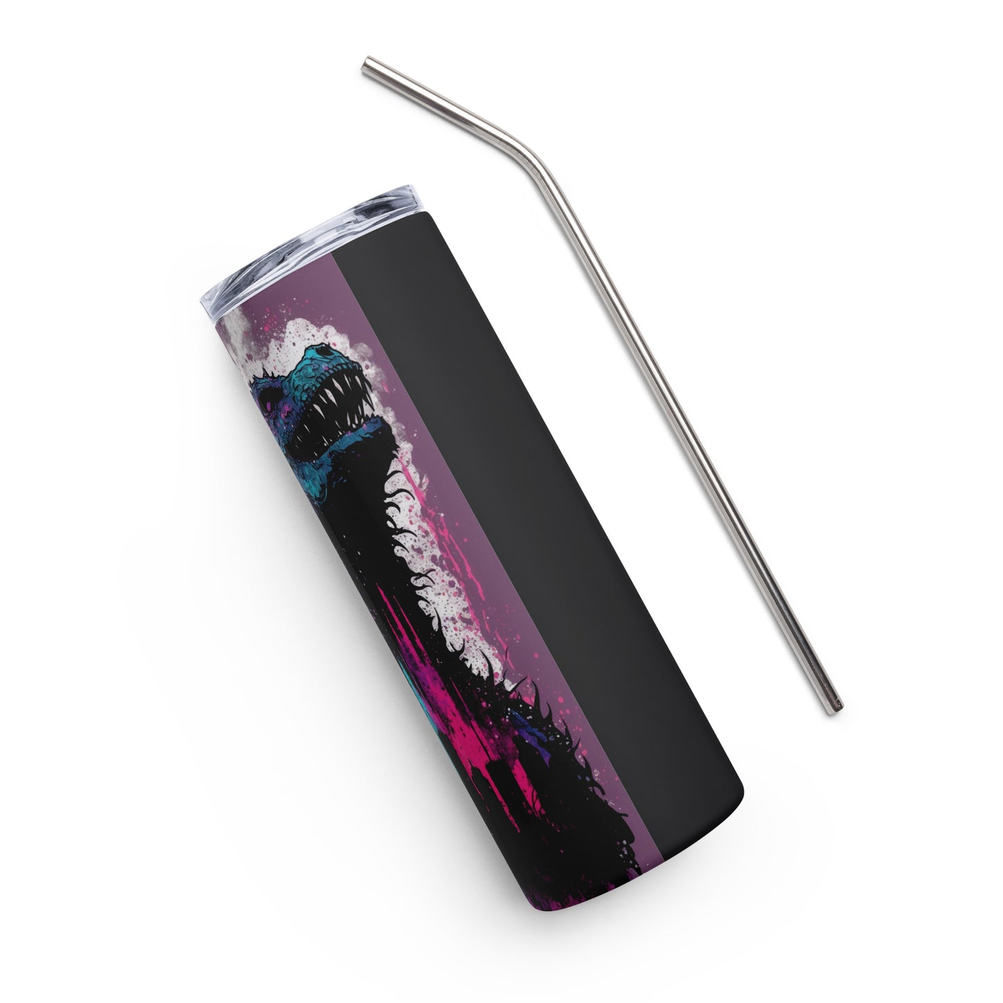 Spraypaint Godzilla Inspired Stainless steel tumbler cup with metal straw