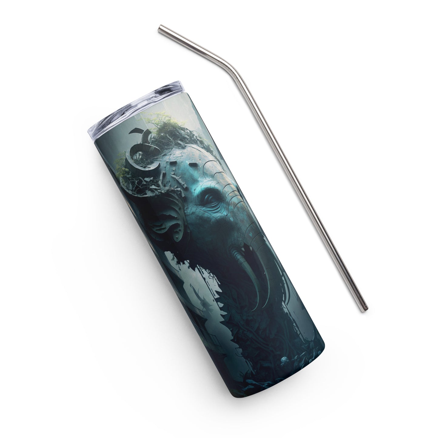 Apocalyptic Elephant City Stainless steel tumbler cup with metal straw