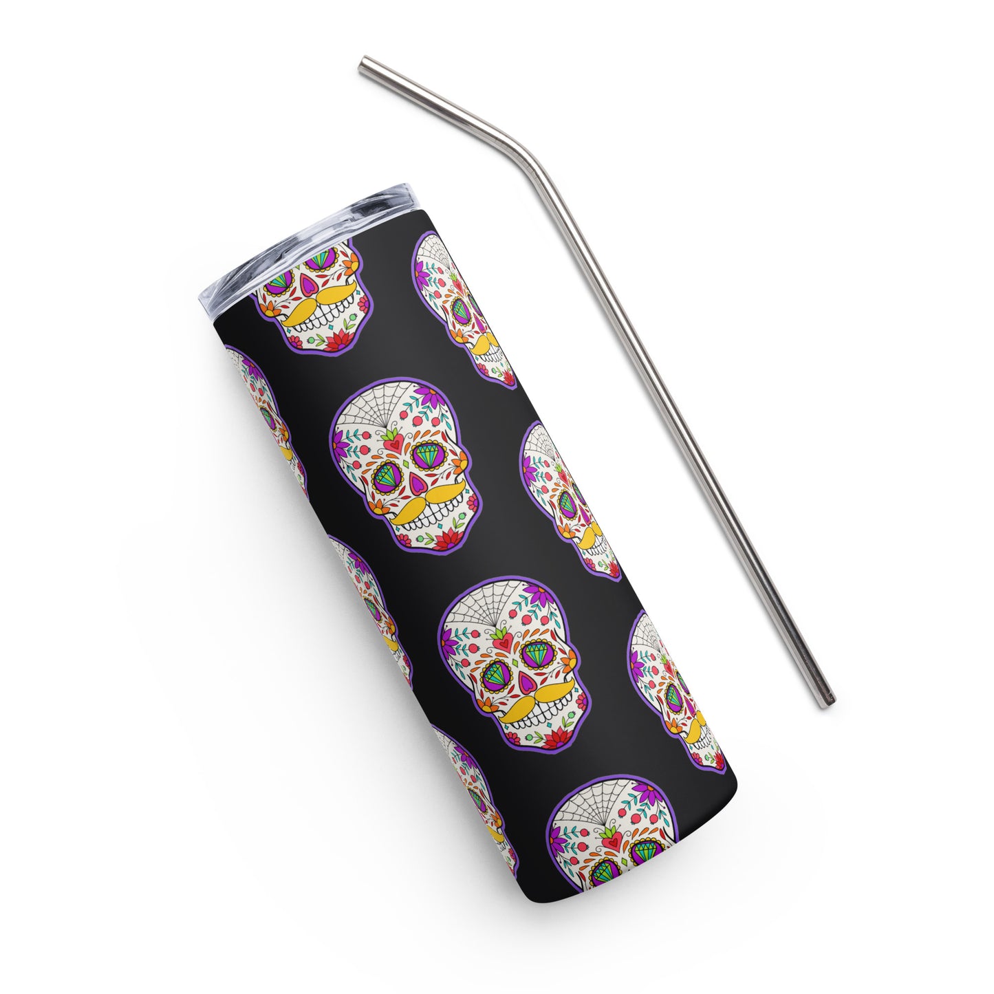 Mustache Sugar Skull Day of the Dead Black Stainless steel tumbler cup with metal straw