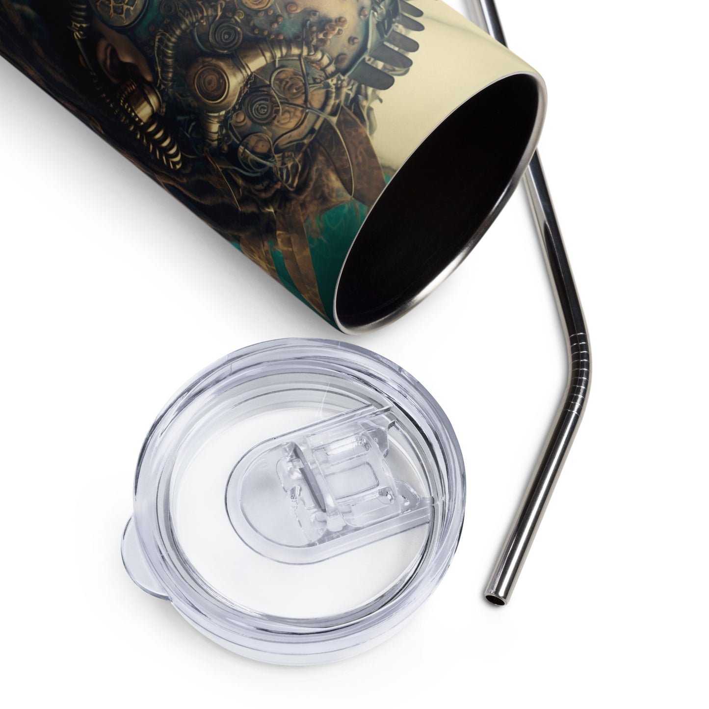 Steampunk Apocalyptic Woman Stainless steel tumbler cup with metal straw