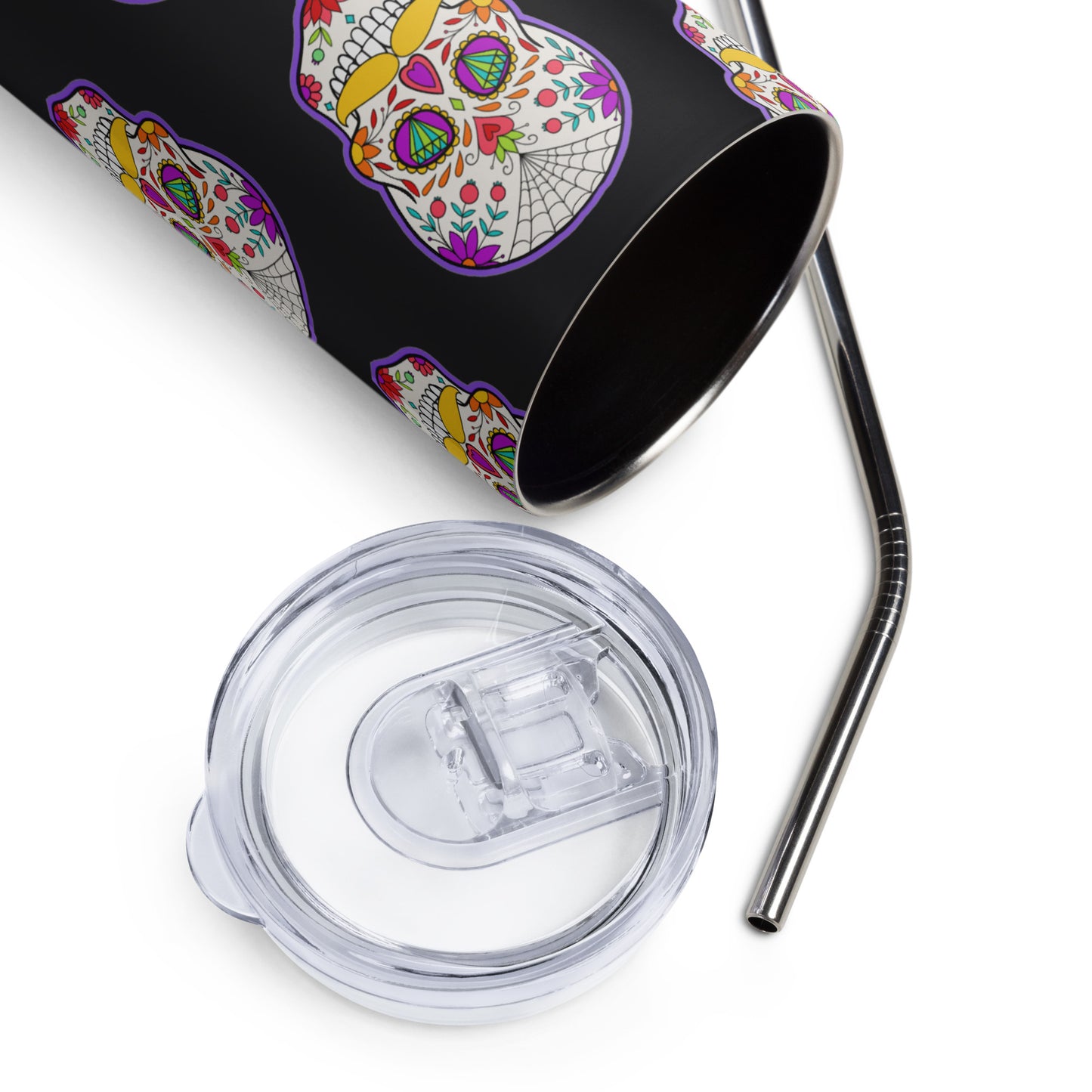 Mustache Sugar Skull Day of the Dead Black Stainless steel tumbler cup with metal straw