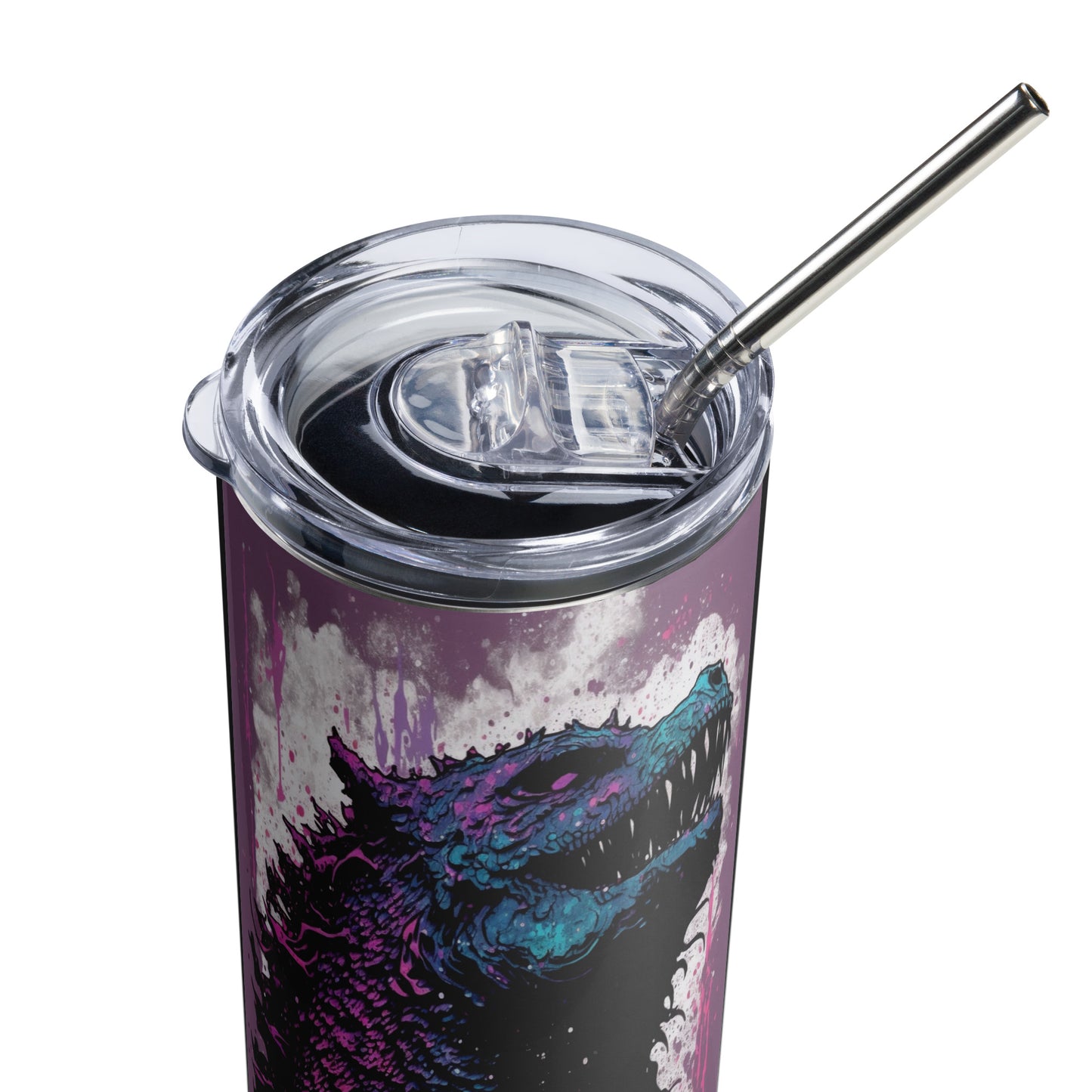 Spraypaint Godzilla Inspired Stainless steel tumbler cup with metal straw