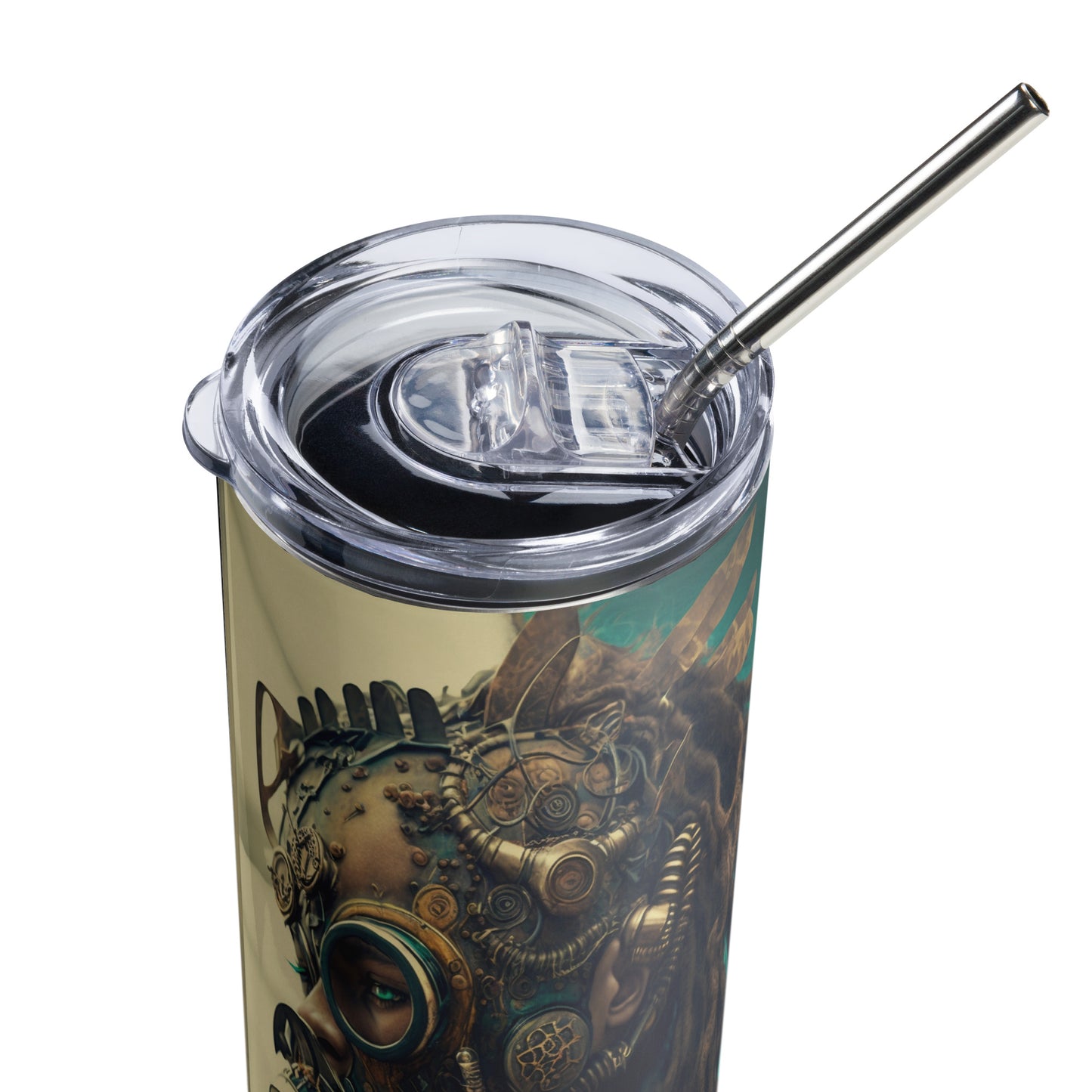 Steampunk Apocalyptic Woman Stainless steel tumbler cup with metal straw