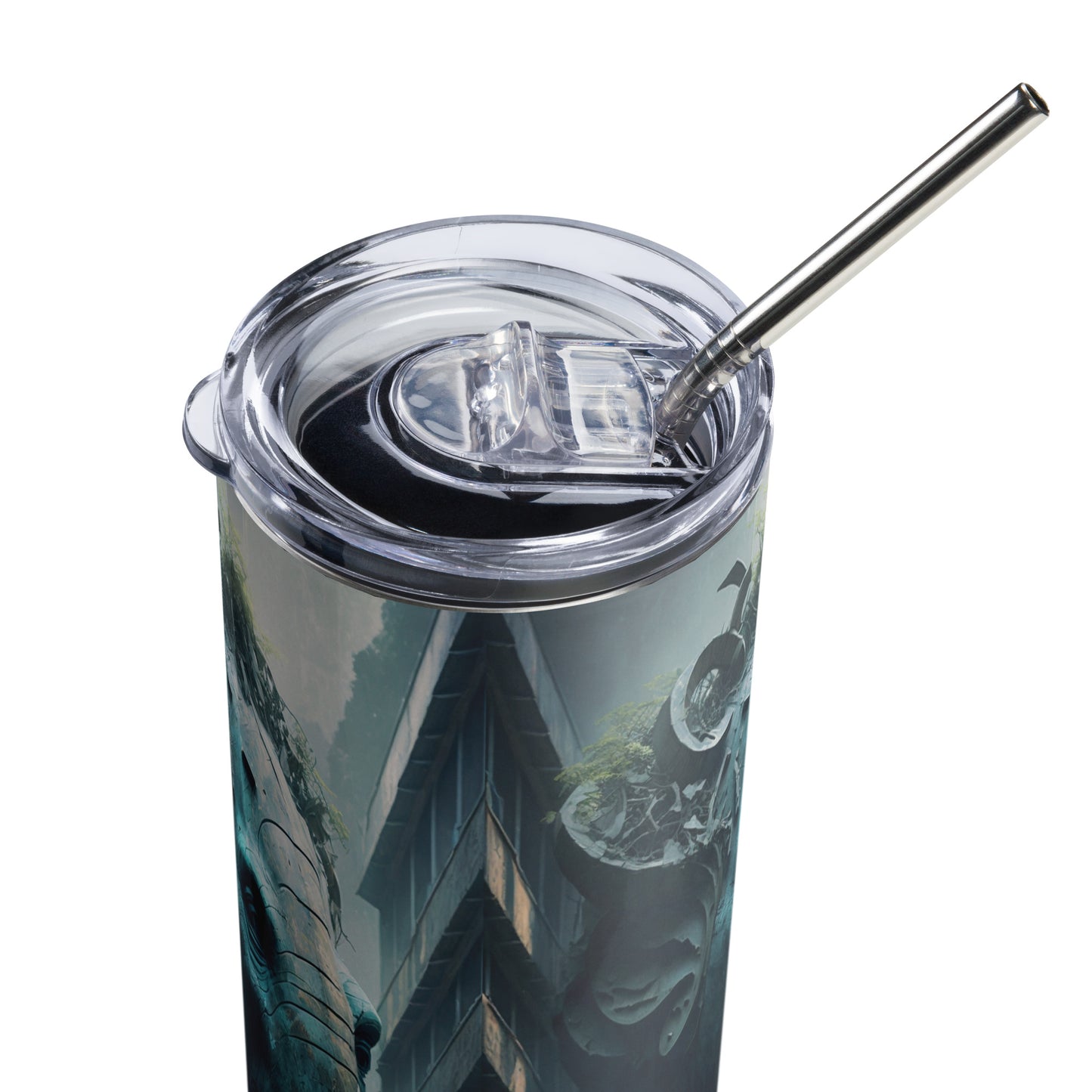 Apocalyptic Elephant City Stainless steel tumbler cup with metal straw