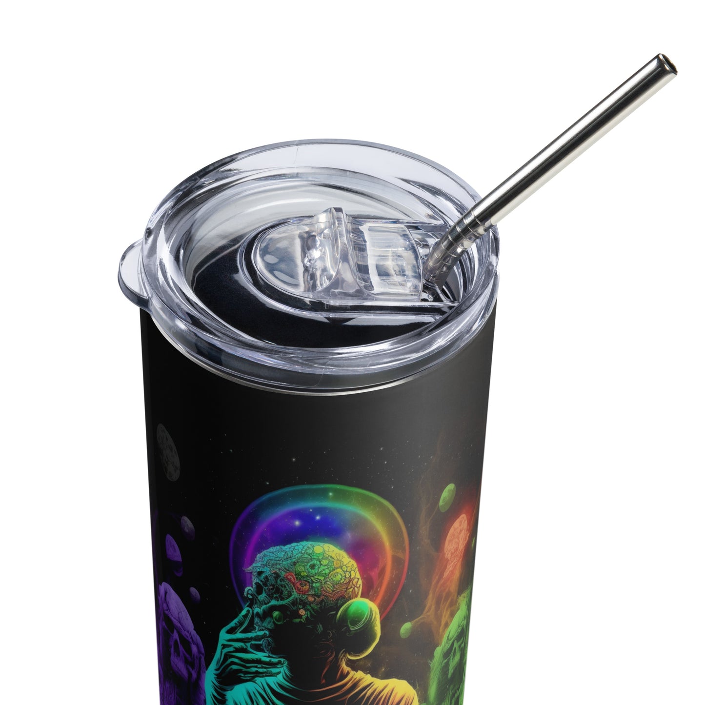 Trippy Rainbow Chakra Alien Stainless steel tumbler cup with metal straw