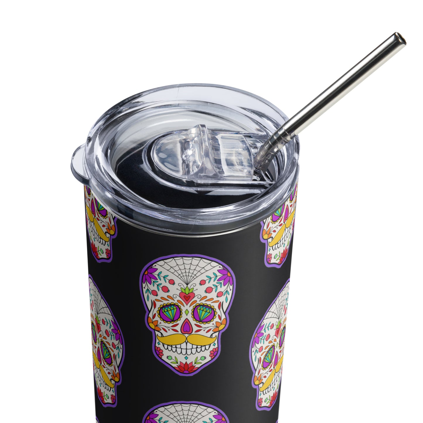 Mustache Sugar Skull Day of the Dead Black Stainless steel tumbler cup with metal straw