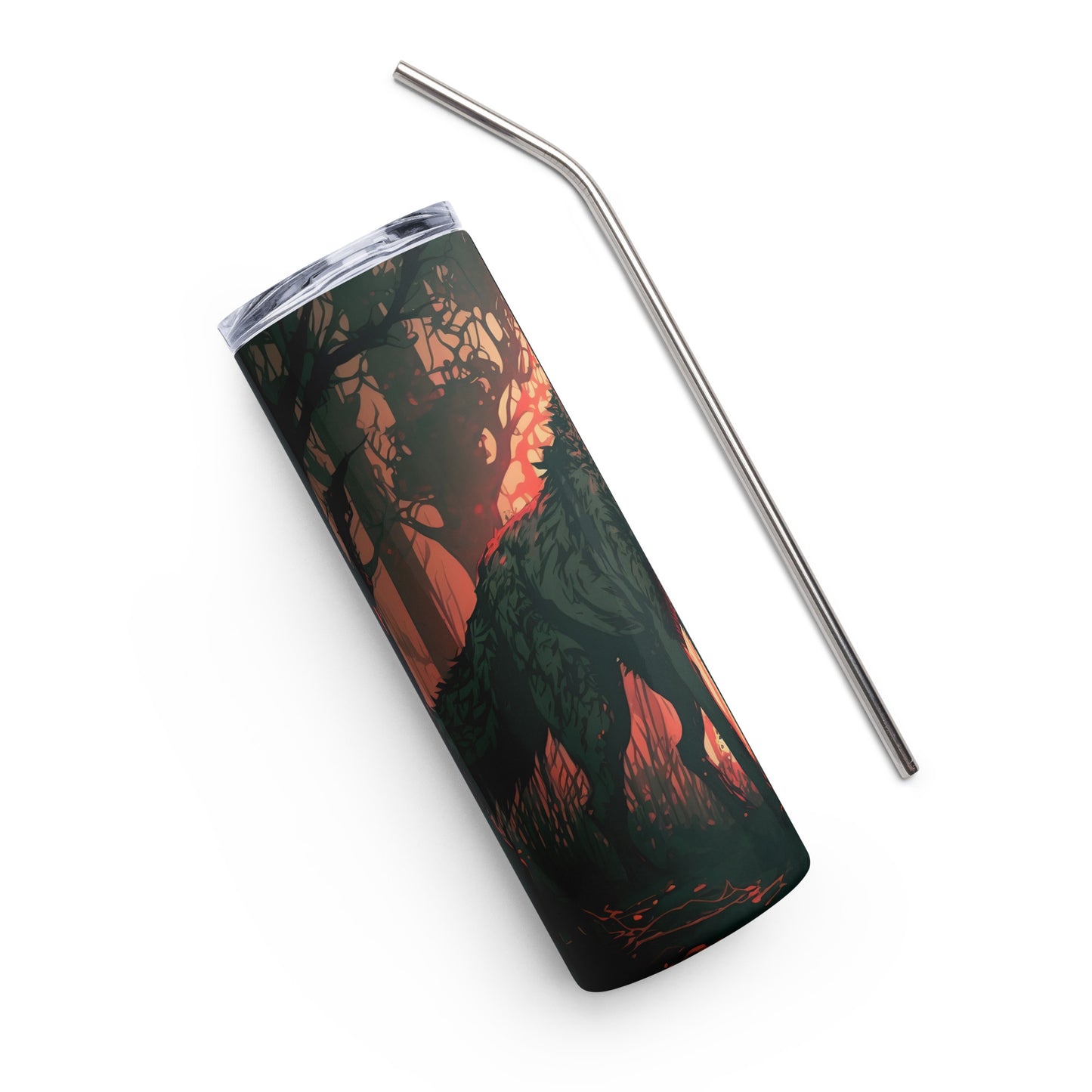 Wolf of the Forest Stainless steel tumbler cup with metal straw