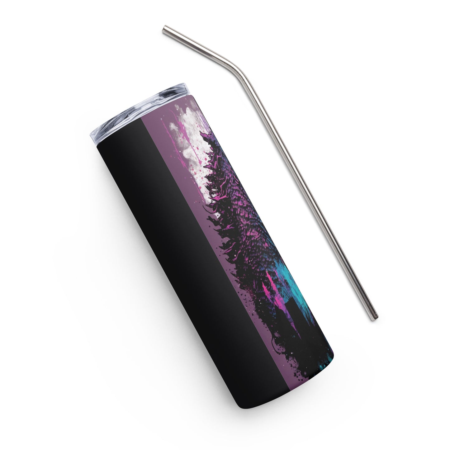 Spraypaint Godzilla Inspired Stainless steel tumbler cup with metal straw