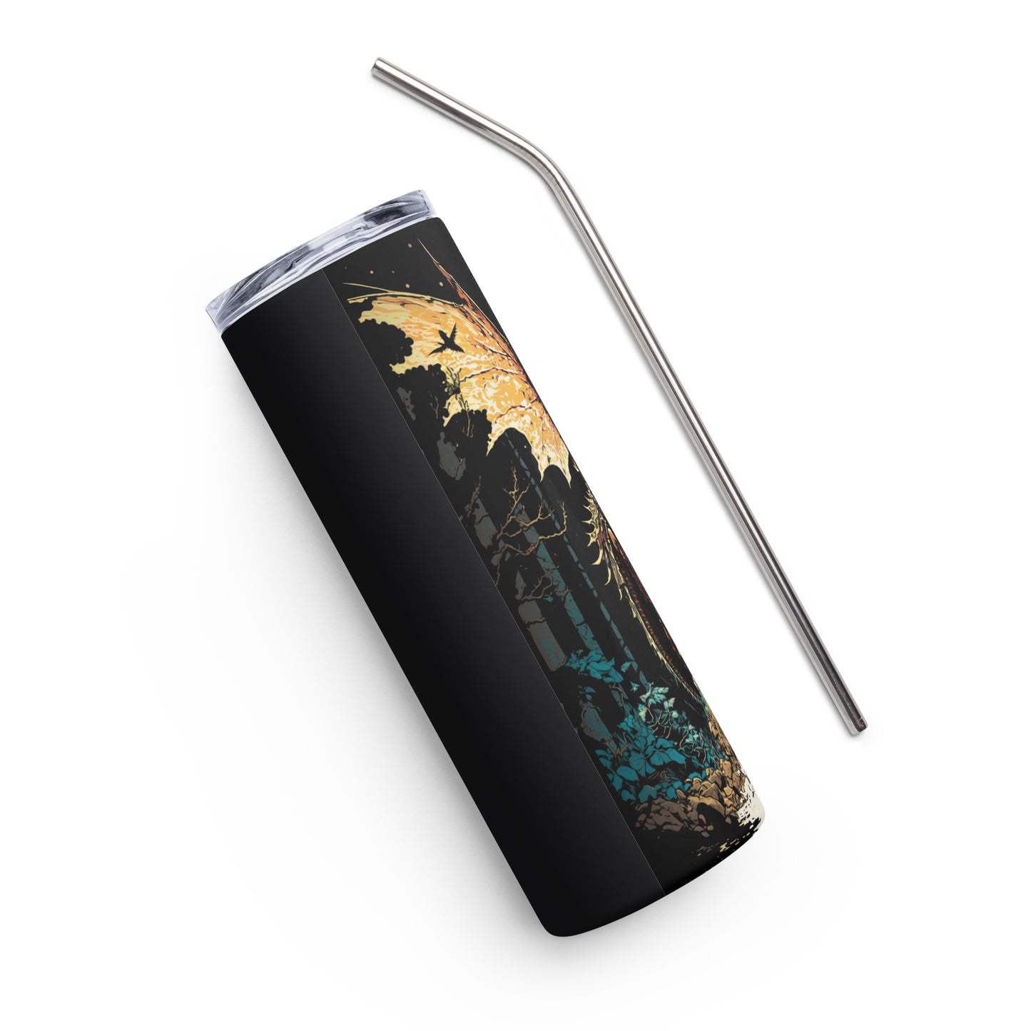 Creature of the Forest Stainless steel tumbler cup with metal straw