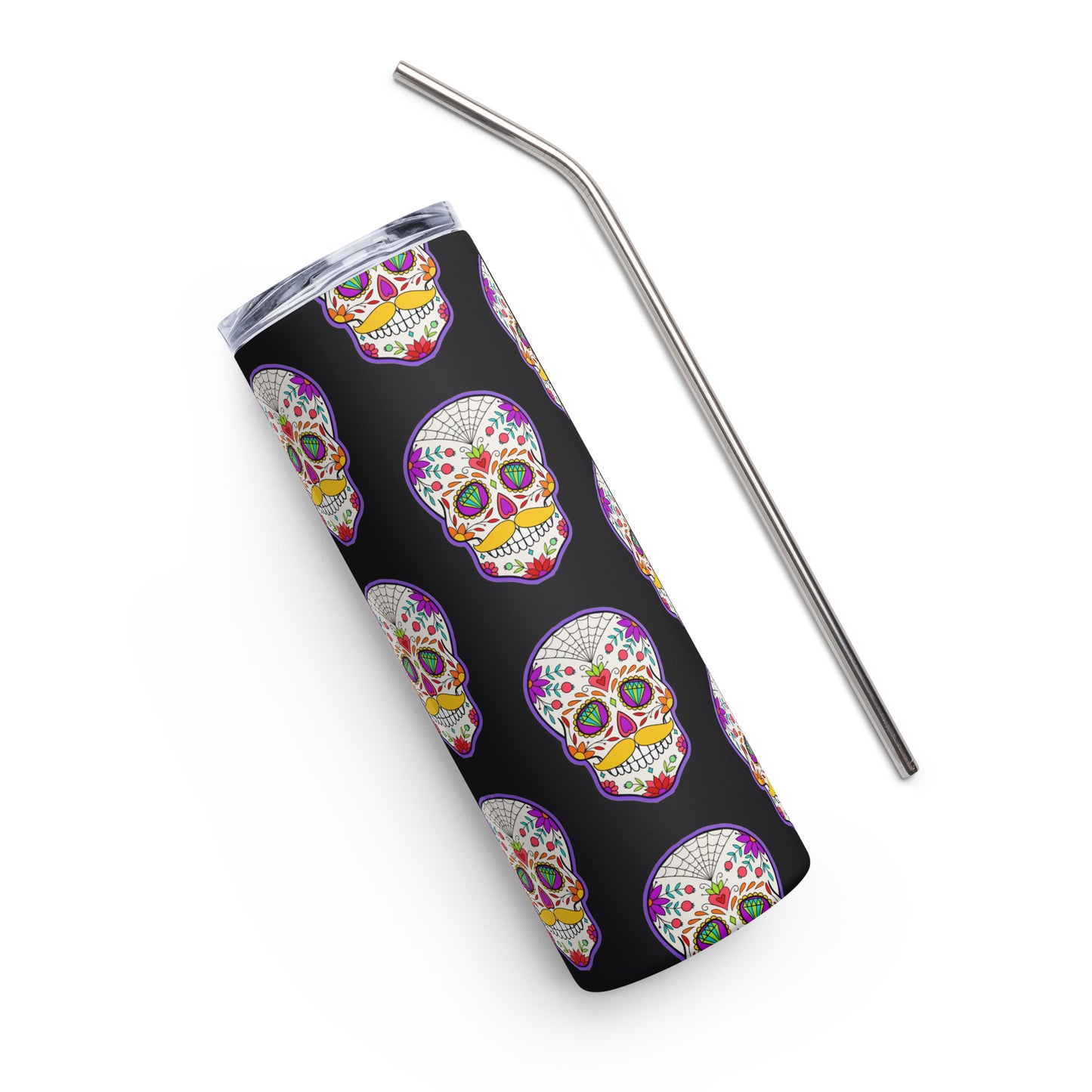 Mustache Sugar Skull Day of the Dead Black Stainless steel tumbler cup with metal straw