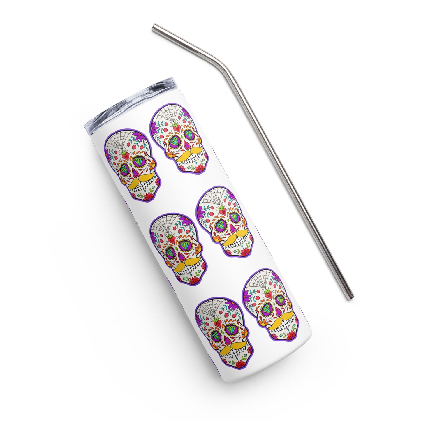 Mustache Sugar Skull Day of the Dead White Stainless steel tumbler cup with metal straw