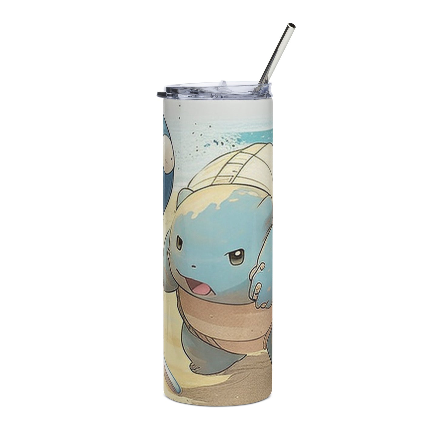 Blastoise at the Beach Stainless steel tumbler cup with metal straw