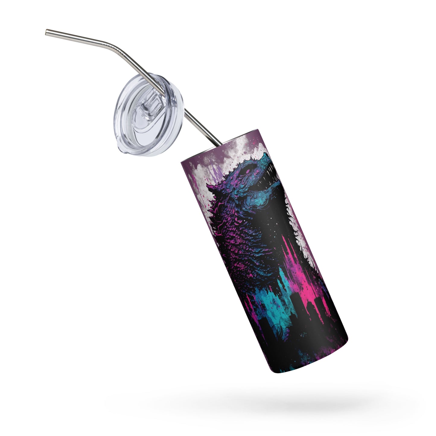 Spraypaint Godzilla Inspired Stainless steel tumbler cup with metal straw