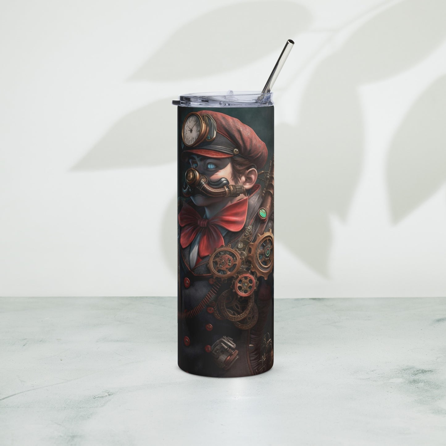 Steampunk Mario Stainless steel tumbler cup with metal straw