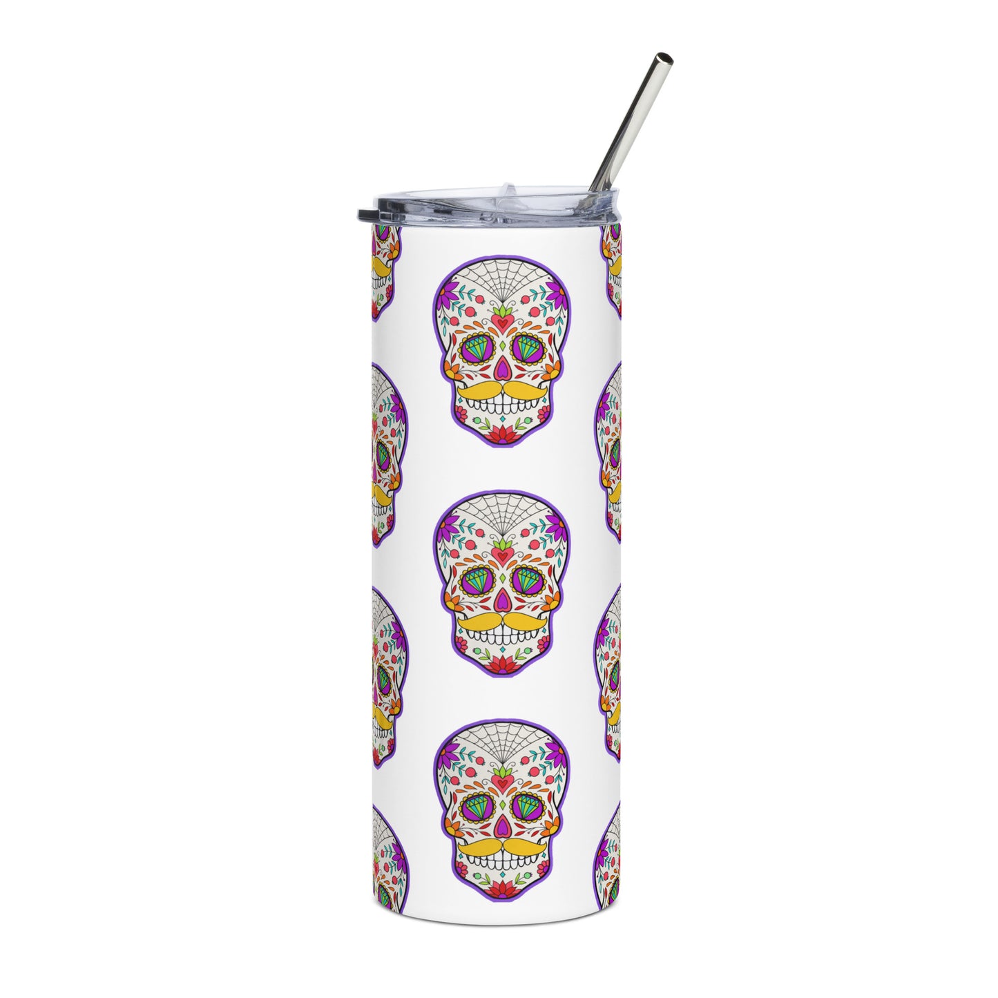 Mustache Sugar Skull Day of the Dead White Stainless steel tumbler cup with metal straw